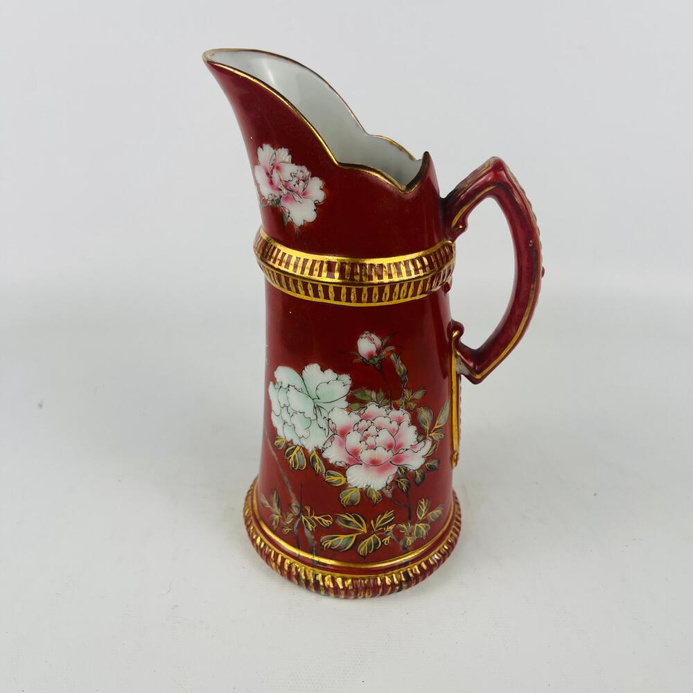 Vintage Decorative Porcelain Red Pitcher Hand Painted Floral Motifs Gold Trim